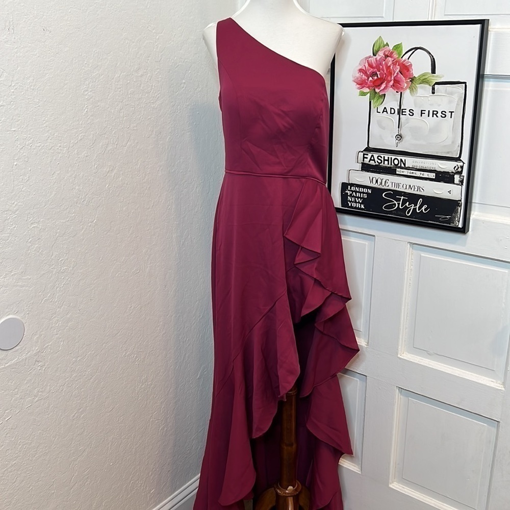 NWT Ieena for Mac Duggal One Shoulder High Slit Ruffle Gown Size 8 - Picture 3 of 10